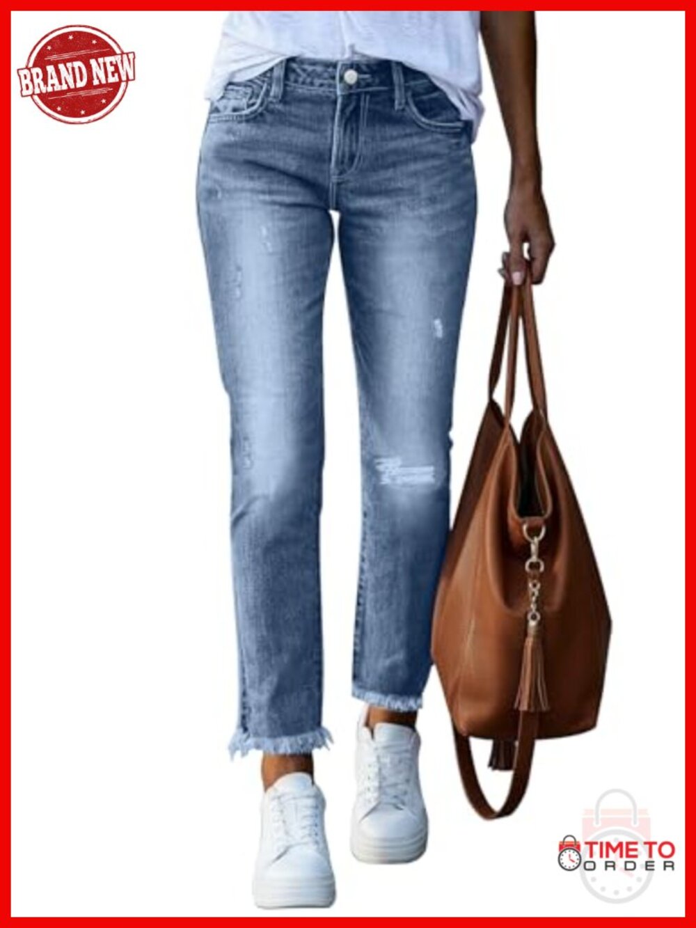 High Waisted Raw Hem Cropped Jeans Straight Leg Distressed Frayed Pockets